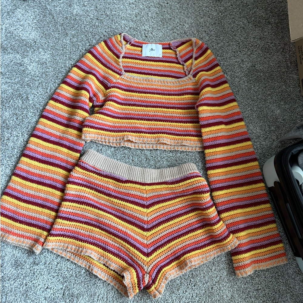 YLLW THE LABEL Striped Knit Crop Top and Shorts Set